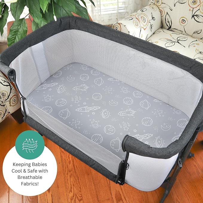 Bassinet Sheets for Airclub, AMKE, LovliTod Baby, Bonbay, Bellababy Bedside Bassinet Sleeper by TansyPanda, 3PC, 20x33 Inch, Ultra Soft, Breathable, Snug Fit, Unisex Boys, Girls, Gray (Space Rockets)