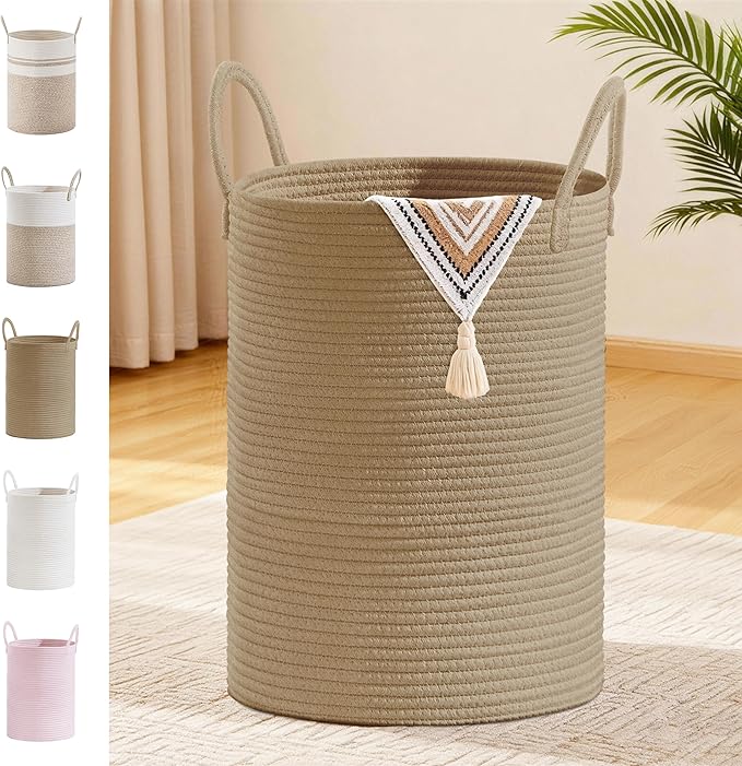 Tall Laundry Basket with Handles, 72L Portable Dirty Clothes Hamper, Boho Cotton Rope Storage Bin for Blankets Kids Toys Gifts, Decorative Organizer for Baby Nursery Bedroom Bathroom, Jute