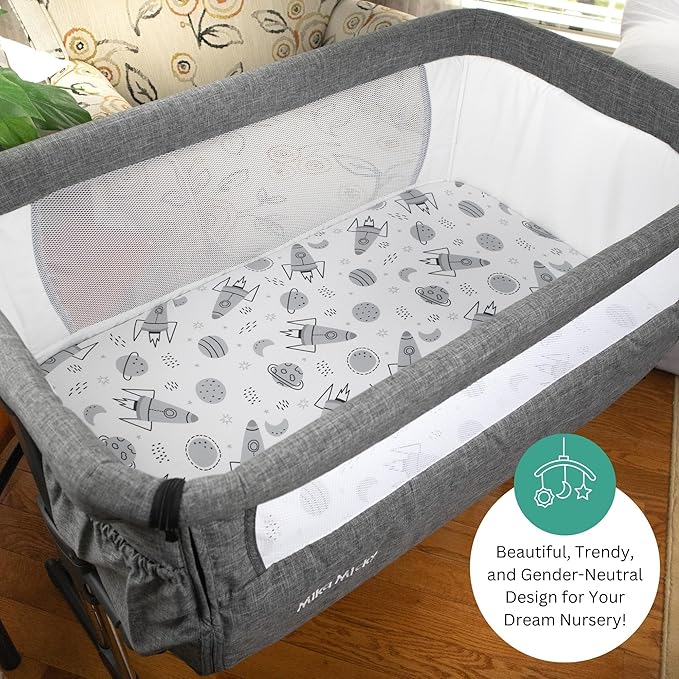Bassinet Sheets for Mika Micky, Evolur, Larex, Taylengrow Baby, Newton Baby Bedside Sleeper by TansyPanda, 3PC, 33x20, Ultra Soft, Breathable, Snug Fit, Unisex Boys, Girls, Gray White (Space Rockets)
