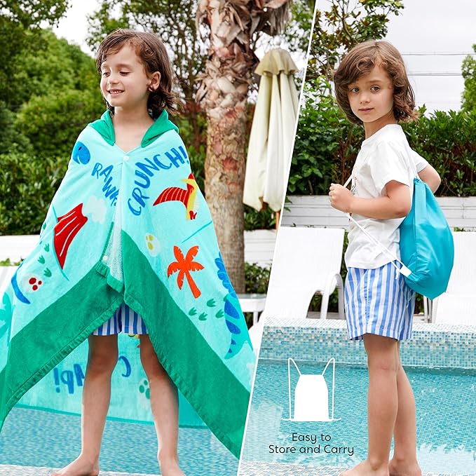 Joiedomi Dinosaur Hooded Towels for Kids Soft 100% Cotton Kids Beach Towel 30" x 50" for 3-10 Years Boy Girl Beach Hooded Poncho Absorbent Pool Toddler Swim Bath Wrap