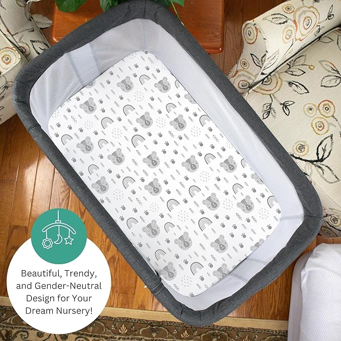TansyPanda Bassinet Sheets for Bellababy, Besrey, AMKE, and Airclub Bedside Bassinet Sleeper, 3PC, 20 x 33 Inch, Ultra Soft, Breathable, Snug Fit, Unisex Boys, Girls, Gray White (Woodland Rainbow)