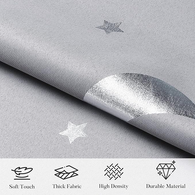 WUBODTI Grey 100% Blackout Star Curtains for Kids Room 45 Inches Long 2 Panel Sets, Silver Star and Moon Patterned Nusery Curtains Grommet Thermal Insulated Short Drapes for Boys Bedroom Kitchen