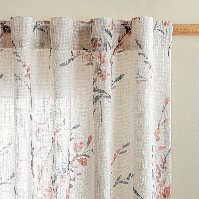 MYSKY HOME 95 Inch Coral Curtains Semi Sheer Linen Blended Window Curtain Panels for Living Room Light Filtering Privacy Protect Drapes Set Farmhouse Style Texture Soft Touch, 50" x 95", Coral, 2 Pcs
