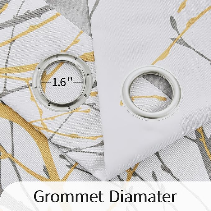 FMFUNCTEX 100% Blackout Curtains Yellow White Tree Liner Curtains for Bedroom, Branch Partterned Curtains 96 inch Length for Living Room, Room Darkening Thermal Insulated Drapes, Grommet Top 2 Panels
