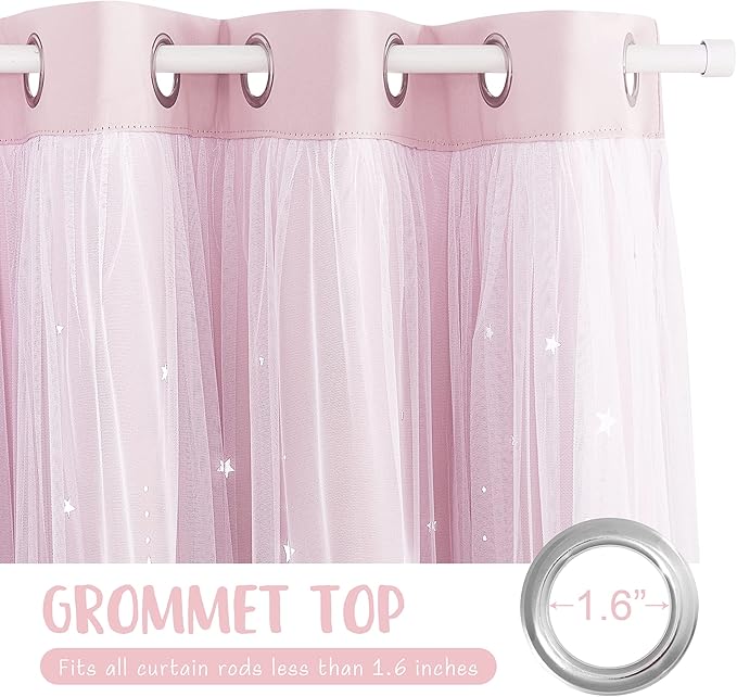 NICETOWN Pink Blackout Curtains for Girls Bedroom, Ombre Moon Star Hollow-Out Curtain with Sheer Gauze White Elegant Layered Curtain for Living Room, Patio, Sliding Glass, 70x63 inch, Pink, 1 PC