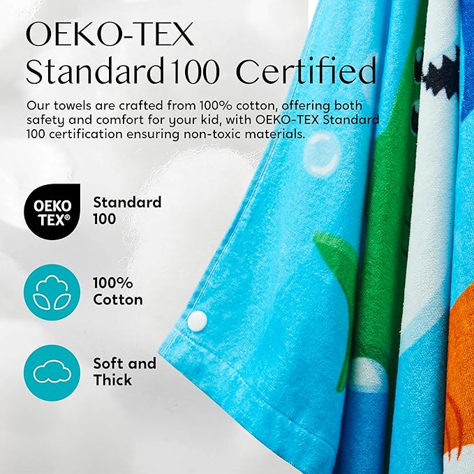 Joiedomi Shark Hooded Towels for Kids Soft 100% Cotton Kids Beach Towel 30" x 50" for 3-10 Years Boy Girl Beach Hooded Poncho Absorbent Pool Toddler Swim Bath Wrap