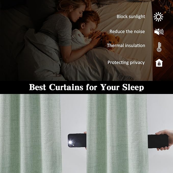 RAIN CITY Light Green Linen Blackout Curtains 108 Inch Long for Living Room,2 Panels Pinch Pleated Drape with Hooks Back Tab Boho Decor, Textured Full Black Out Curtains for Bedroom 50 x 108