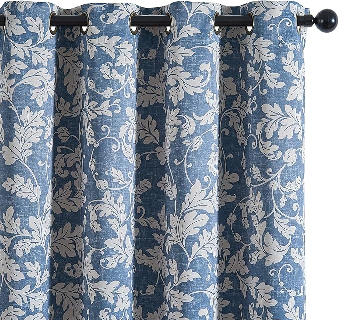 jinchan 80% Blackout Curtains for Bedroom, Blue Scroll Leaf Patterned Curtains 84 inch Length for Living Room, Farmhouse Vintage Drapes, Thermal Insulated Window Treatments, Grommet 2 Panels Blue
