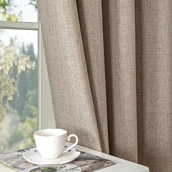 100% Blackout Curtains 90 inch Length 1 Panel Faux Linen Long Drapes for Bedroom Living Room Black Out Room Darkening Curtain Thermal Insulated Back Tab Rod Pocket(W70 x L90, Beige)
