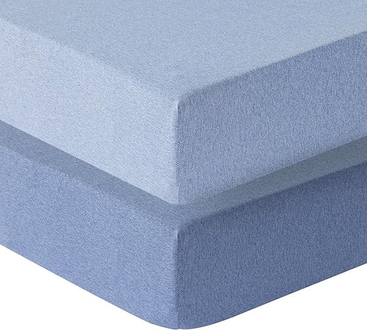 Dreamology Mini Crib Sheets for Boys,Girls,100% Cotton Crib Sheets,2 Pack,Pack and Play Sheets,Mini Crib Sheets Fitted,Pack n Play Sheets,24 x 38 Mini Crib Sheet | Denim Blue and Sky Blue