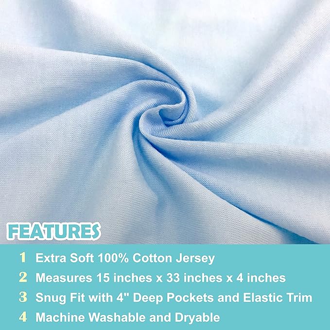 American Baby Company 15" x 33" Fitted Bassinet Sheet, 100% Natural Cotton Jersey Knit, Blue/Gray/White, Soft Breathable, for Boys and Girls, Pack of 3