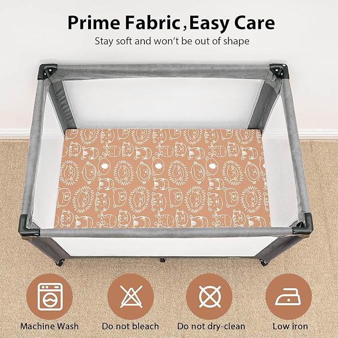 Baby Mini Crib Sheets Boy, Portable 38”x26” Pack and Play Sheets Fitted for Playard and Pack N Play Mattress, 3-Pack Soft Microfiber Orange Animal World