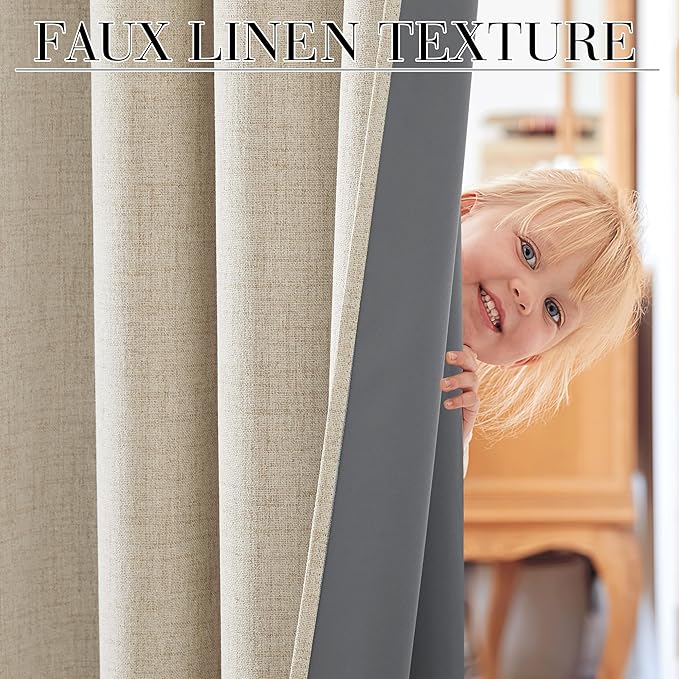 RYB HOME Warm Sand 100% Blackout Curtains for Bedroom, Linen Drapes Back Tab&Rod Pocket, Thermal Insulated Privacy Assurd Curtains for Sliding Glass Doors/Dining/Living Room, W52 x L90, 2 Panels