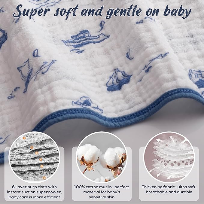 LILY O LAUREL Muslin Burp Cloths, 20"x10"- Pack of 8, 6 Layers Super Soft Absorbent & Breathable 100% Cotton for Baby Drool and Messes, Burp Cloth Baby Boy and Burp Cloths Baby Girl