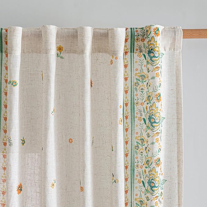 MYSKY HOME Boho Floral Curtains 63 inch Linen Blend for Bedroom Kitchen Bohemian Style Farmhouse Flower Patterned Home Decor Light Filtering Back Tab Drapes, 50x63 Inch, Yellow and Blue, 2 Pcs