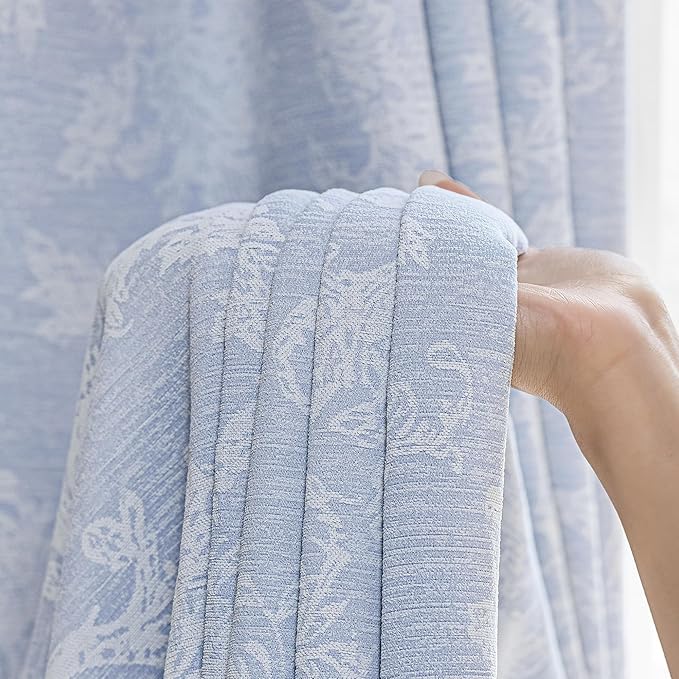 FMFUNCTEX Blue Floral Jacquard Blackout Curtains 72 Inches Long for Bedroom, Scroll Flower Chenille Farmhouse Curtains for Living Room Darkening Thermal Insulated Grommet Window Drapes 2 Panels