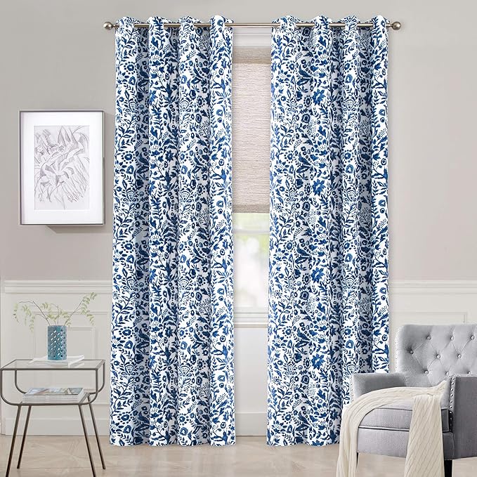 DriftAway Julia Watercolor Blackout Room Darkening Lined Thermal Insulated Energy Saving Window Curtains 2 Layers 2 Panels Each Size 52 Inch by 108 Inch Navy