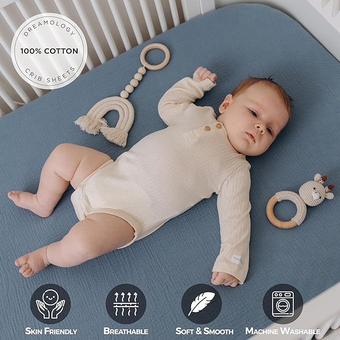 Dreamology Mini Muslin Crib Sheets,100% Cotton Mini Crib Sheets,2 Pack,Soft & Breathable,Crib Sheet,Girl,Boy,Pack n Play Sheets,Pack and Play Sheets Fitted,24x38 Mini Crib Sheet | Blue and Light Blue