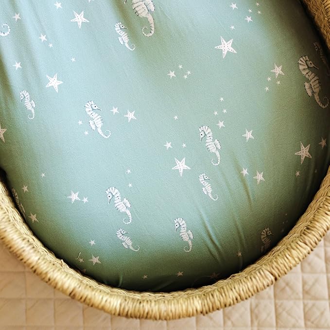 Baby Bassinet Sheets for Boy, Girl (Ocean Odyssey) 2-Pack - Fitted Bedside Bassinet Sheets - Buttery Soft Cotton Blend for Standard Mattress Pad - Compatible with Halo BassiNest