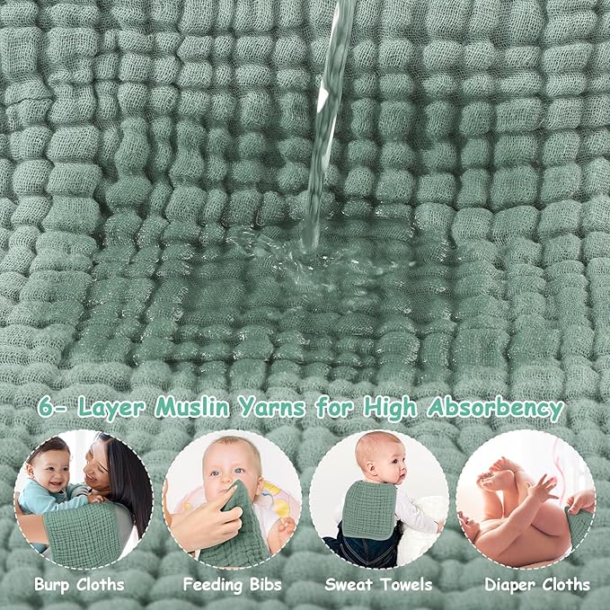 Looxii Muslin Burp Cloths 100% Cotton Muslin Cloths 12 Pack Large 20''x10'' Extra Soft and Absorbent Baby Burping Cloth for Boys and Girls (Dark Green)