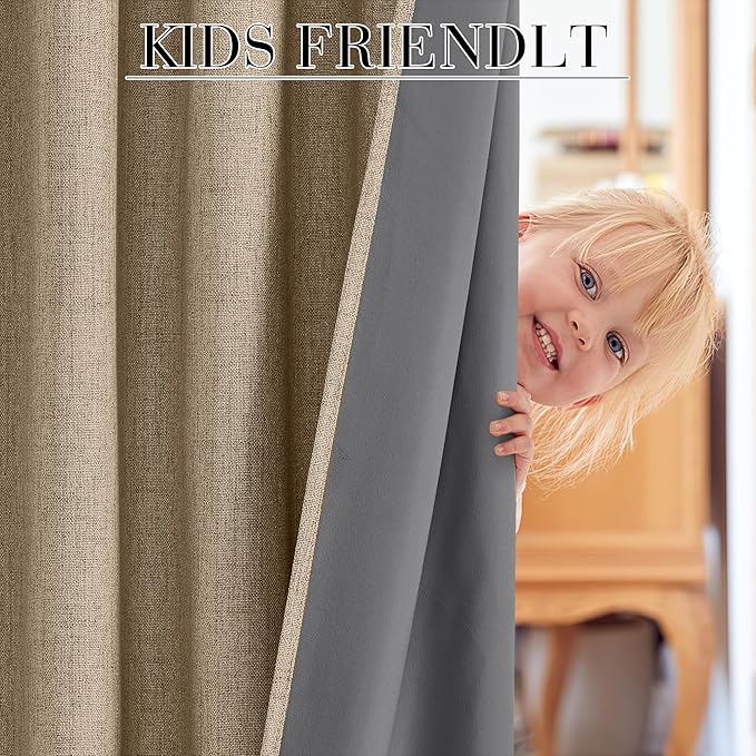 RYB HOME Burlap 100% Blackout Linen Curtains for Bedroom 52 Width 120 Long, Thich Elegant Extra Long Drapes for Modern/Vintage/Farmhouse Home Decor, Thermal Insulated Window Treatment, 2 Panels