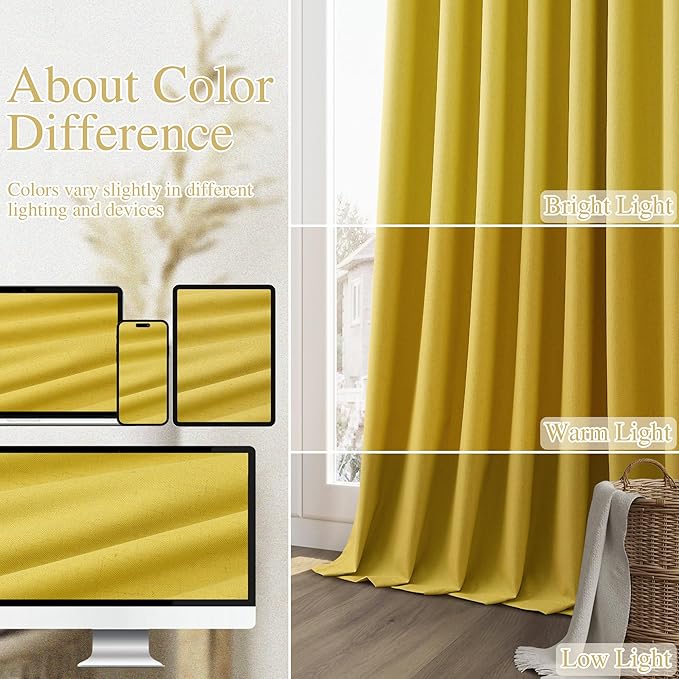 Guken 100% Blackout Curtains 120 Inch Length 2 Panels Set for Living Room Bedroom Back Tab Thermal Insulated Black Out Linen Drapes Room Darkening Celery Yellow,52x120