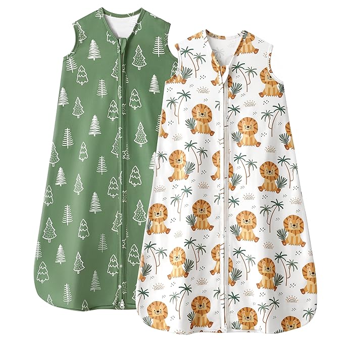 FIEMOL Baby Sleep Sack 6-12 Months, 0.5 TOG Wearable Blanket for Baby Boy and Girl, 2-Way Zipper Newborn and Infant Sleeping Bag 2 Pack, Lightweight Sleep Sacks Green Lion（Medium）