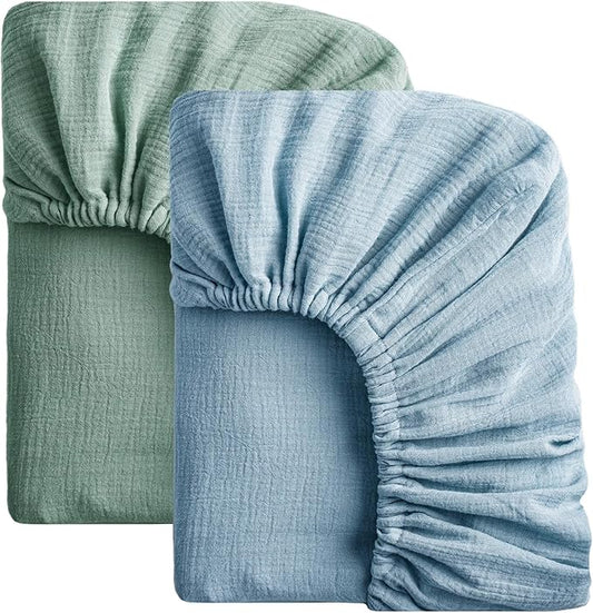 SOULFUL Muslin Crib Sheets for Boys Girls, 2 Pack Soft and Breathable Cotton Fitted Crib Sheets for Standard Crib Mattress (28"x 52", Green & Blue)