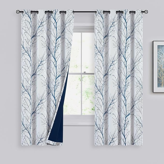 Fmfunctex 100% Blackout Curtains for Bedroom, Blue White Curtains 63 Inch Length for Living Room, Blue Grey Tree Branch Patterned Thermal Insulated Panels, Farmhouse Window Drapes 2 Panels Grommet Top