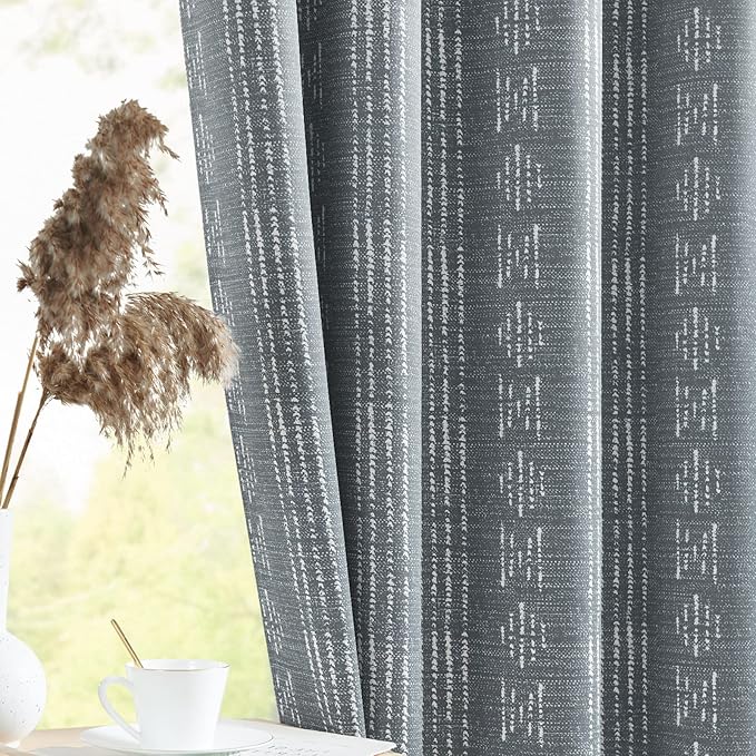 jinchan 95% Blackout Boho Curtains 84 Inches Long for Bedroom White on Grey Geometric Printed Grommet Top Room Darkening Thermal Insulated Window Drapes 2 Panels