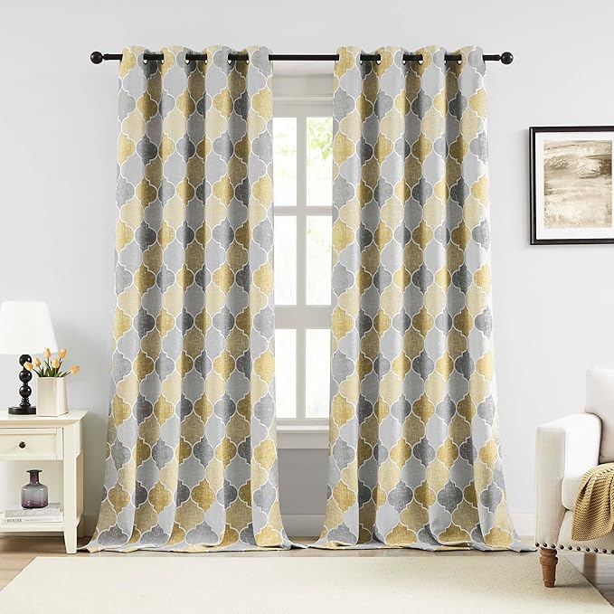 Full Blackout Curtains 63 Inches Long 2 Panels Gray Yellow Moroccan Geo Lattice Drapes Room Darkening Thermal Insulated Noise Reducing Grommet Top Window Treatments Sets for Bedroom, 52" W