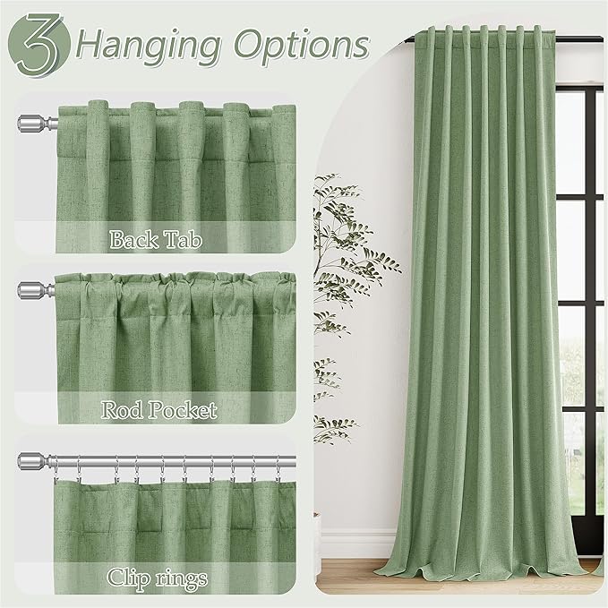 Guken 100% Blackout Linen Curtains 120 Inch Length 2 Panels Set for Living Room Bedroom Back Tab Thermal Insulated Black Out Linen Drapes Room Darkening Window Curtains,Light Sage