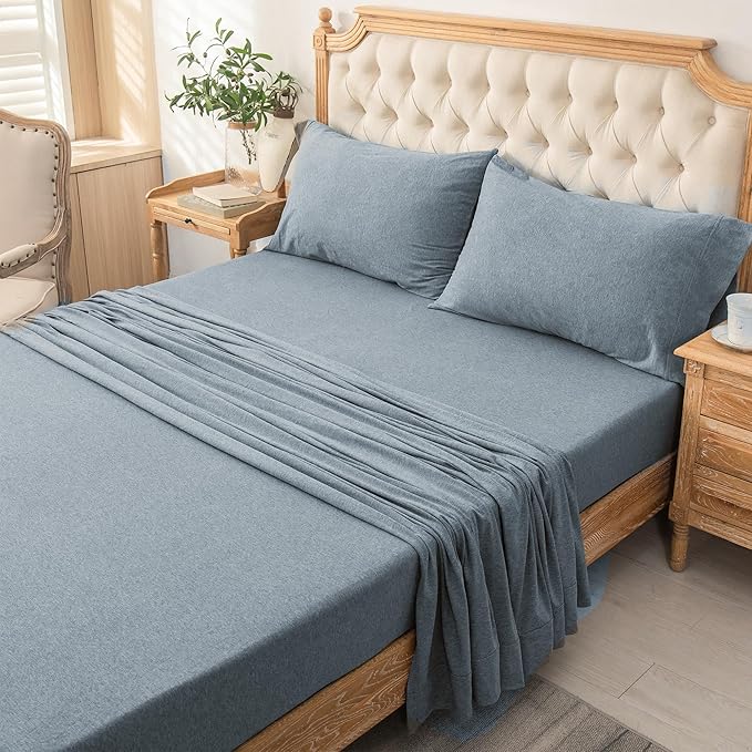 PURE ERA Jersey Knit 4pc Bed Sheet Set 100% T-Shirt Cotton Super Soft Comfy Breathable Fits Mattress Up to 20" Extra Deep Pocket (Heather Blueish Grey, King)