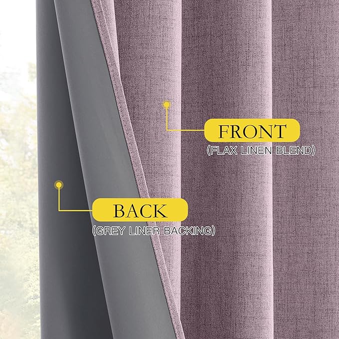 NICETOWN Chaise Mauve Vintage Linen 100% Blackout Curtains for Living Room, Thermal Insulated Curtains 84" Long, 52" Wide Per Panel, Set of 2, Noise Reducing Window Treatment Drapes for Hall Room