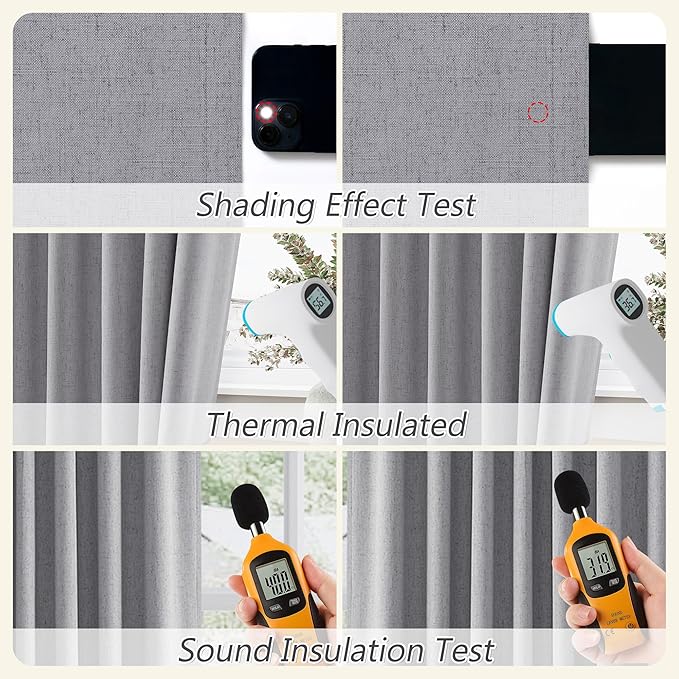 Guken Grey 100% Blackout Curtains 72 Inch Length 2 Panels Set for Living Room Bedroom Back Tab Thermal Insulated Black Out Linen Drapes Room Darkening Window Curtains 72 Inches Long