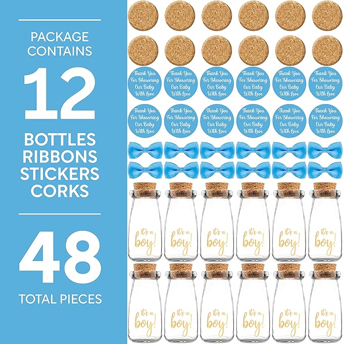 Ethisa Vintage 12 Pack It's a Boy Milk Glass Bottles with Ribbons and Stickers - Classy Baby Shower Favors for Guests and Table Centerpieces - Gender Reveal Boy Decorations - Baby Shower Candy Jar