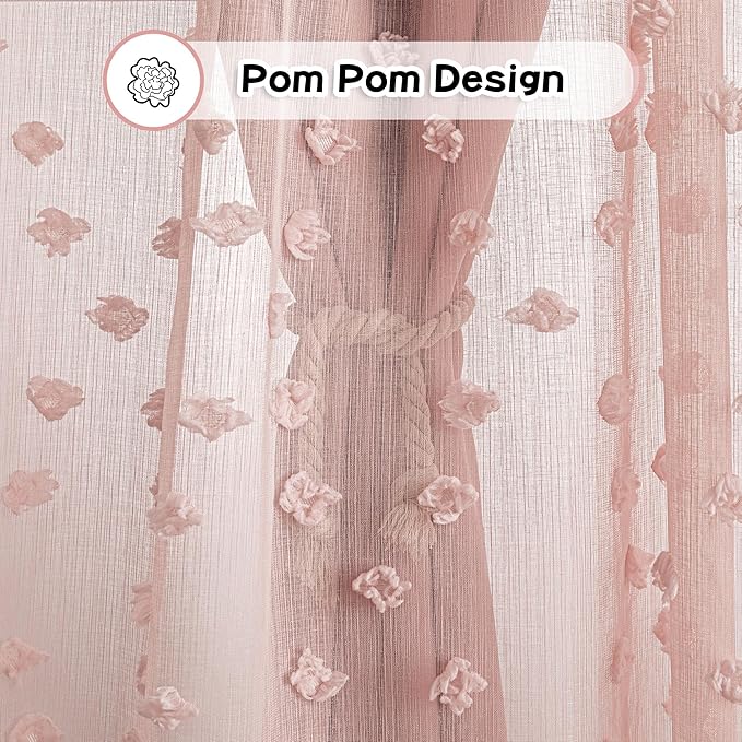 MYSKY HOME Double Layer Curtains for Girls Bedroom Kids Curtain Pink Pom Pom Sheer Window Curtains 2 Panels Pink Curtains Grommet Room Darkening Solid Nursery Curtains 63 Inches Length, W52 X L63