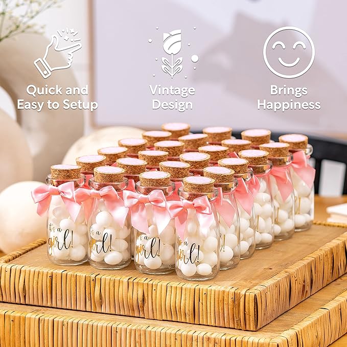 Ethisa 96 Pack Vintage Milk Glass Bottles - Girl Baby Shower Favors and Table Centerpieces - Sturdy Candy Jars