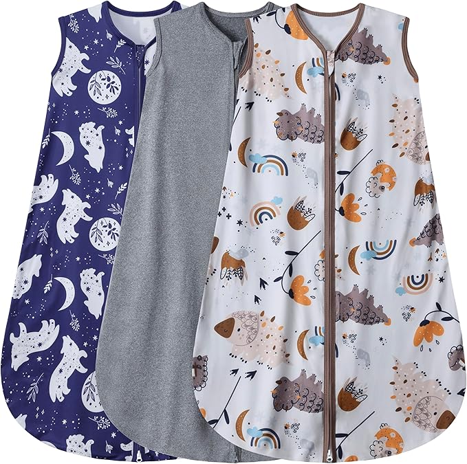 BSTOPPT 3 Pack Baby Sleep Sack 100% Rayon Cotton Baby Sleeping Bag 2-Way Zipper Toddler Wearable Blankets TOG 0.3. (Fox&Dinosaurs&Dark gray, 6-12 Months)