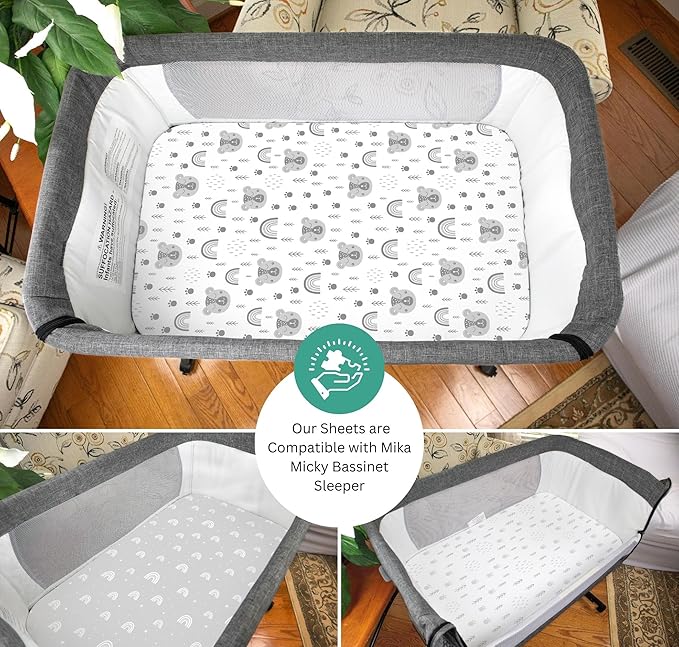 Bassinet Sheets for Mika Micky, Evolur, Larex, Taylengrow Baby, Newton Baby Bedside Sleeper by TansyPanda, 3PC, 33x20, Ultra Soft, Breathable, Snug Fit, Unisex Boys, Girls, Gray (Woodland Rainbow)