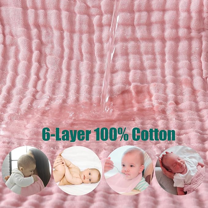SnugOre Muslin Burp Cloths 5 Pack Large 20x12 inches Baby Burping Cloths, 6-Layer 100% Cotton for Newborn Boys Girls, Ultra Soft & Absorbent (White & Pink)