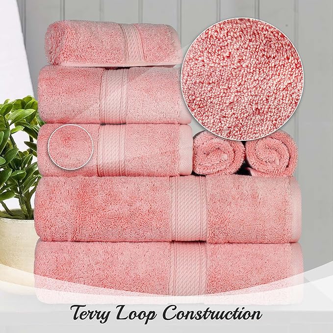 Superior Egyptian Cotton Pile Bath Towel Set of 4, Ultra Soft Luxury Towels, Thick Plush Essentials, Absorbent Heavyweight, Guest Bath, Hotel, Spa, Home Bathroom, Shower Basics, Tea Rose
