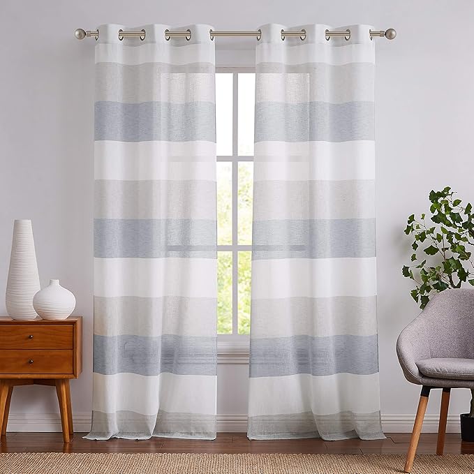 Central Park Gray and Smoke Blue Stripe Sheer Color Block Window Curtain Panel Linen Window Treatment for Bedroom Living Room Farmhouse 95 inches Long with Grommets, 2 Panel Rustic Drapes