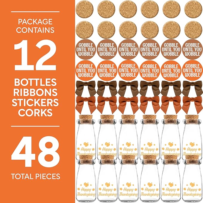 Ethisa Small 12 Pack Thanksgiving Glass Jars with Ribbons and Stickers - Candy Party Favors for Adults - Thanksgiving Party Favors and Table Centerpieces Decorations - Sturdy Decor Treat Jars
