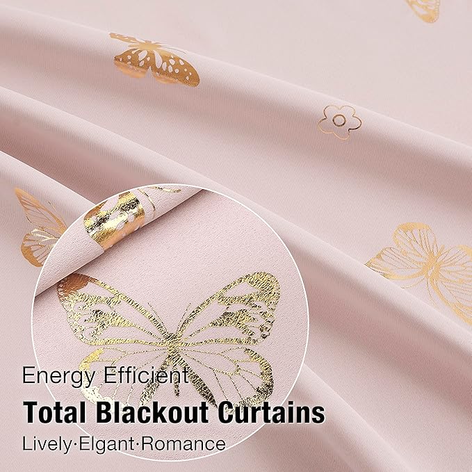 Jubilantex Pink Gold Butterfly Blackout Curtains with Black Layer Thermal Insulated Window Curtains Grommet Top for Bedroom Girls Room,52x95,2 Panels