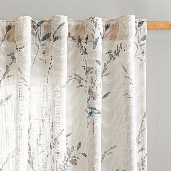 MYSKY HOME Sheer Floral Curtains 63 Inch Long for Bedroom Linen Look Drapes Light Filtering Privacy Added for Living Room Kitchen Farmhouse Style Texture Soft Touch Window Treatment, 50'' Wide, 2 Pcs