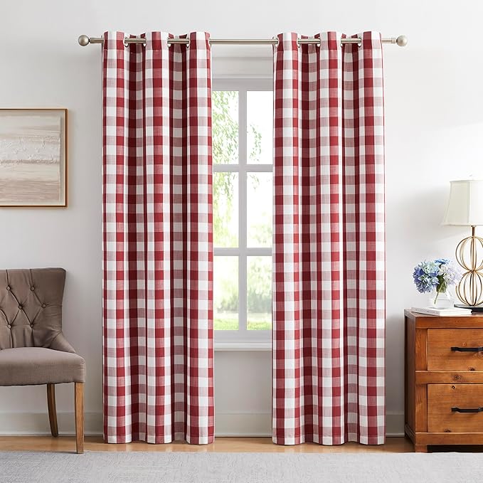 Amzdecor Red White Buffalo Plaid Full Blackout Curtains 95 Inch Long for Bedroom Living Room Farmhouse Check Patterned Drapes Thermal Insulated Soundproof Grommet Window Treatment, 2 Panels, 40"x95"