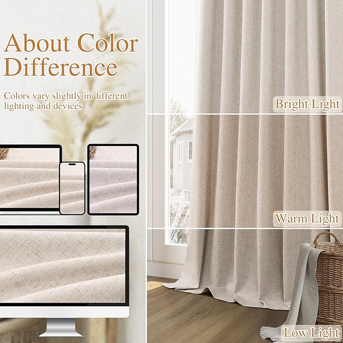 Guken Oatmeal 100% Blackout Curtains 80 Inch Length 2 Panels Set for Living Room Bedroom Back Tab Thermal Insulated Black Out Linen Drapes Room Darkening Window Curtains 80 Inches Long