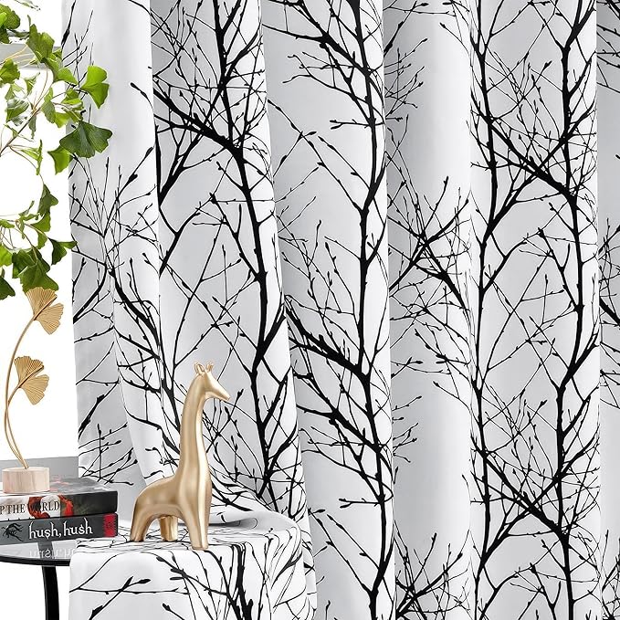 FMFUNCTEX 100% Blackout Curtains for Bedroom, Black White Tree Branch Curtains 54 Inches Long for Living Room, Short Thermal Insulated Window Drapes for Basement, Small Windows 2 Panels Grommet Top