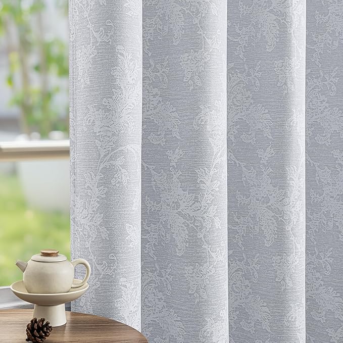 FMFUNCTEX Grey Floral Jacquard Blackout Curtains 108 Inches Long for Bedroom, Scroll Flower Chenille Farmhouse Curtains for Living Room Darkening Thermal Insulated Grommet Window Drapes 2 Panels